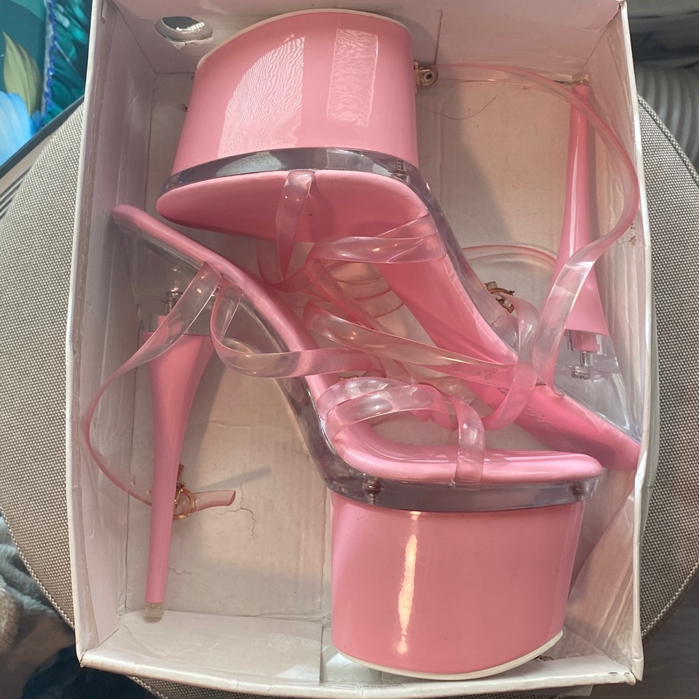 Pink Platform Heels with Clear Straps worn 3 times